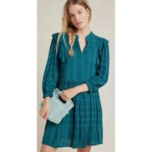 AMADI Green Tiered Long Sleeve Dress L Anthropologie